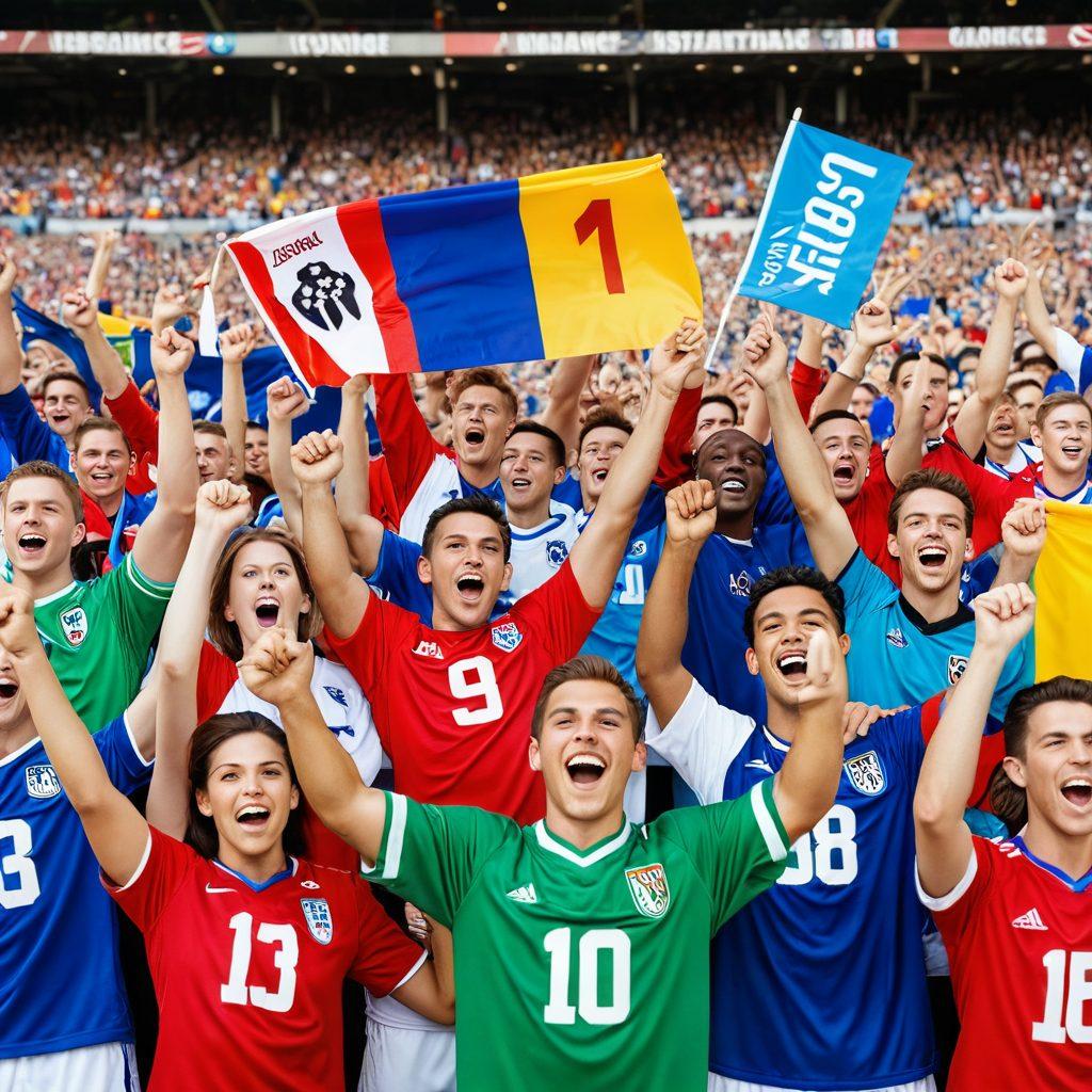 A dynamic scene capturing a diverse group of football fans passionately celebrating a game, adorned in vibrant team jerseys and holding colorful banners. In the foreground, an illustration of a sturdy insurance policy document alongside football memorabilia like a soccer ball and whistle, symbolizing protection and loyalty in sports. The background features a packed stadium full of cheering fans under bright stadium lights. super-realistic. vibrant colors.