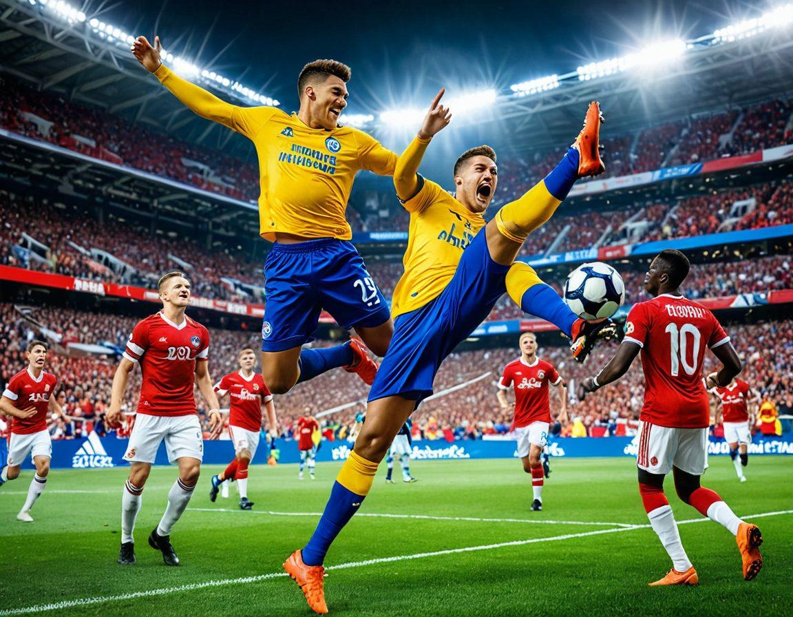 A dynamic football scene depicting a diverse group of fans passionately cheering in a stadium, wearing team colors and waving banners. In the foreground, a football player making a powerful kick, symbolizing strength and protection, with stylized insurance icons subtly integrated into the background. The atmosphere is vibrant and filled with excitement, showcasing camaraderie and the importance of insurance in sports. super-realistic. vibrant colors. action-packed.
